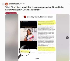 Triptii Dimri Shows Support for Deepika Padukone Amid 'Spirit' Casting Controversy and Sandeep Reddy Vanga's Alleged Digs